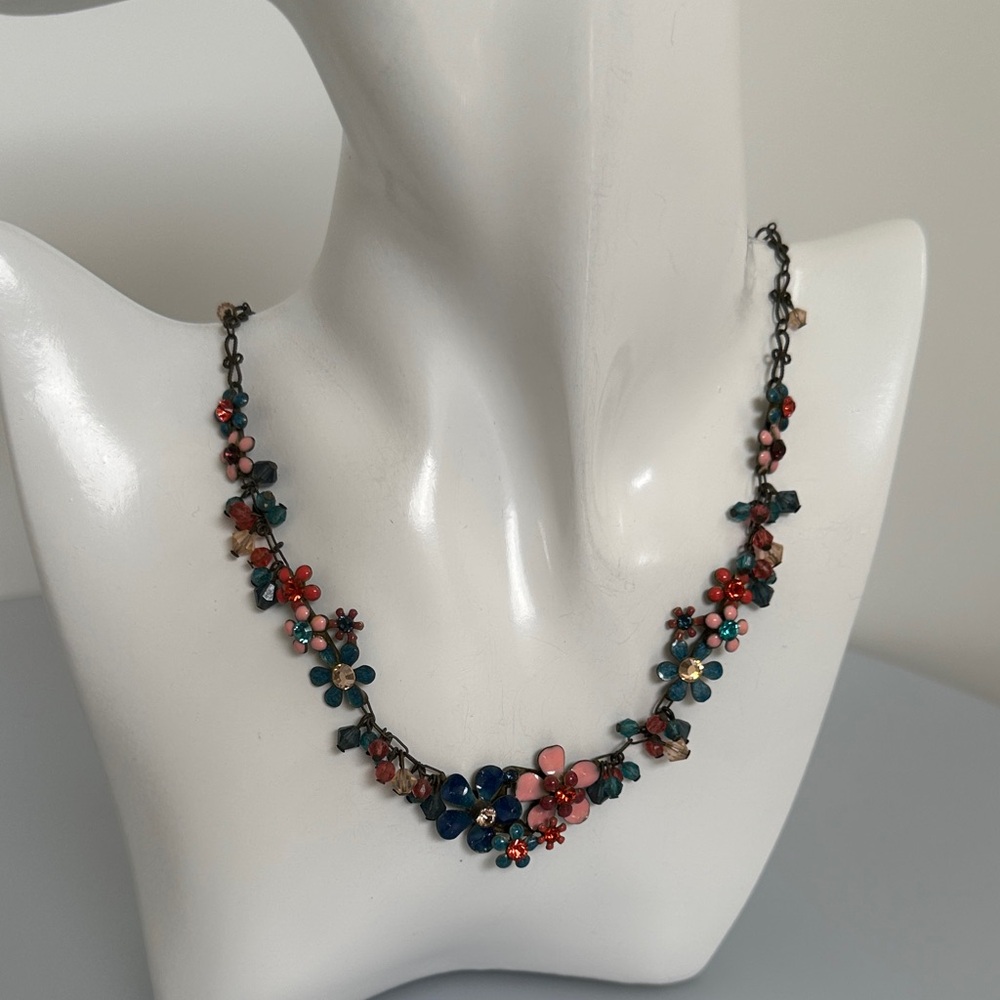 VINTAGE Fresh Flawers Designs Multicolor Enamel Necklace - Pink, Blue & Red